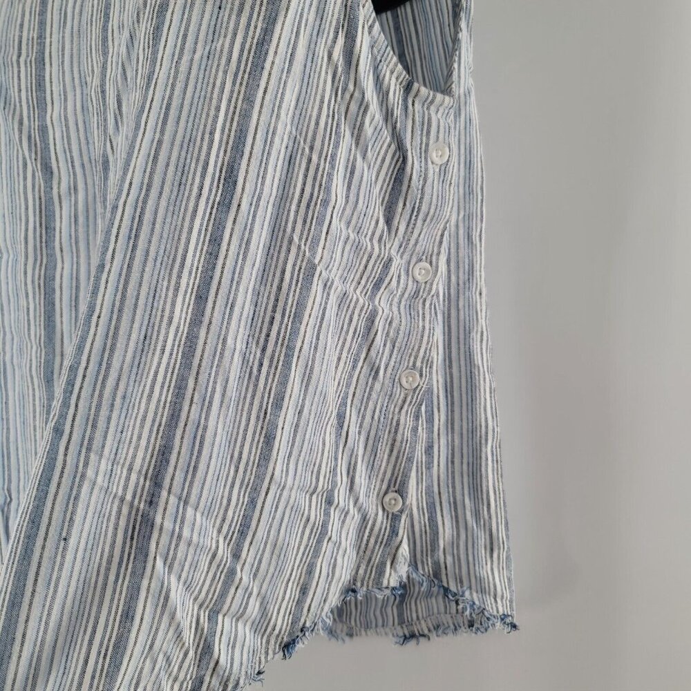 CLOTH & STONE Blue White Striped Tank Top Linen Blend Buttons Raw Hem Edge Large - Picture 2 of 7